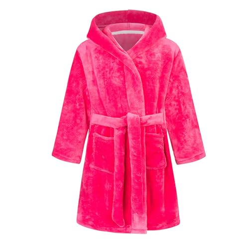 LOIJMK Kinder Bademantel Mit Kapuze Flanell Einfarbig Homewear Nachthemd Pyjama Punkte (Hot Pink, 11-12 Years) von LOIJMK