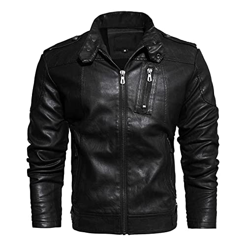 LOIJMK Lederjacke Herren Biker Jacken Vintage Bikerjacke Männer Funky Motorrad Jacke Kunstlederjacke Mode Retro Übergangsjacke Reißverschluss Mantel Cool Outdoorjacke Outerwear für Alltag von LOIJMK