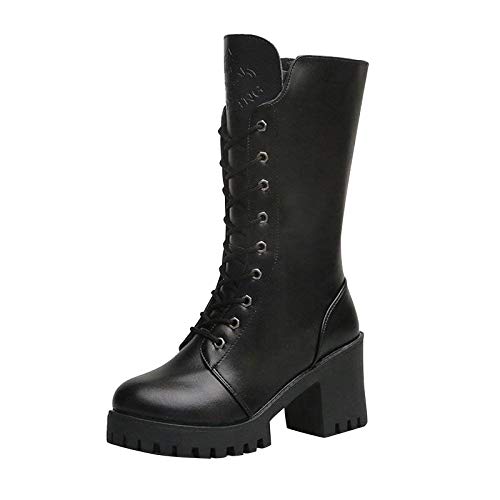 LOIJMK Mädchen 36 Rutschfeste Runde Damenstiefel Western mit geringen Absätzen Slip-on Toe-Stiefel aus Keilabsatz Gefüttert (Black, 35) von LOIJMK