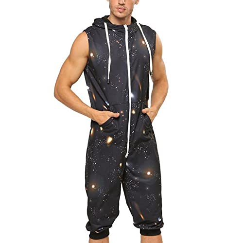 LOIJMK Mit Druck Sternhimmel Einteiliger Pyjama-Set Kurze NachtwäSche Herren Schlafanzug-Shorts, ReißVerschluss Homewear Bequeme Freizeit Shorty Atmungsaktiv Regular Fit MäNner von LOIJMK