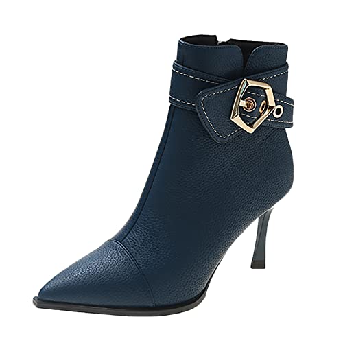 LOIJMK Mode Frauen Einfarbig Winter Halten Warm High Heels Schnallenriemen Kurze Booties Spitzschuhe Damen Hohe Schwarz (Blue, 38) von LOIJMK