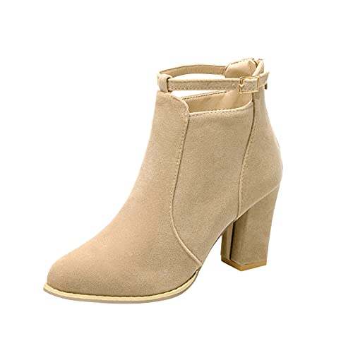 LOIJMK Mode mit dicken Knöcheln und Flock Material Stiefel Heels High Frauen Damenstiefel Schuhe Festlich Damen (Beige, 42) von LOIJMK