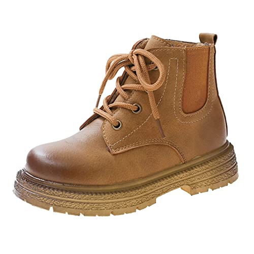 LOIJMK Modische Herbst-Winter-Mädchenstiefel mit flachem Boden, rutschfestem Seitenreißverschluss, warm, bequem, einfarbig, einfacher Stil Boots Wasserdicht Jungen (Brown, 35 Big Kids) von LOIJMK