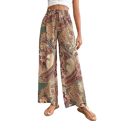 LOIJMK Palazzohose für Damen, Funky Breite Hosen mit Ethnic Wind, Mode Weites Bein Freizeithose Bedruckte Baggy Hose Fallend Bequeme Hose Frauen Straight Hosen Stoffhose Women Gummibund Hosen von LOIJMK