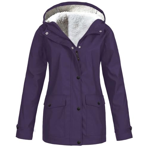 LOIJMK Regenmantel Damen Gefüttert mit teddy-fleece, Regenjacke Mantel Winter Warm Kapuzenjacke Regenjacken Winddicht Windbreaker mit Kapuze Windjacke Softshelljacke Trenchcoat für Wandern von LOIJMK