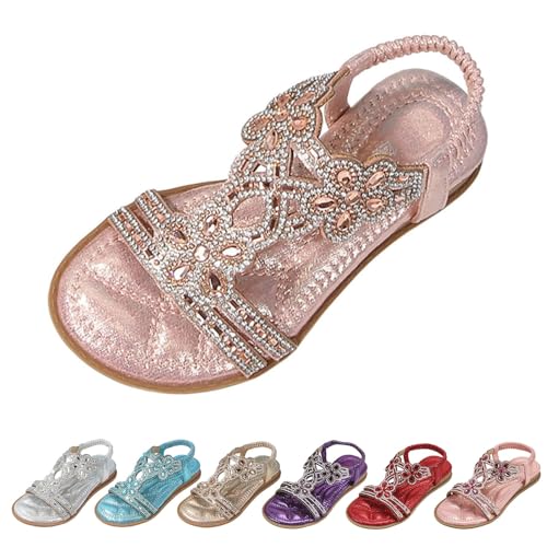 LOIJMK Sandalen Kinder Mädchen Glitzer, Strandschuhe Prinzessin Schuhe Flach Sommerschuhe Glitzer Schuhe Boho Bequem Sandaletten Sandals Mit Strass Rutschfest Glitzerschuhe Für Mädchen Gr.26-36 von LOIJMK