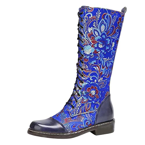 LOIJMK Schnürstiefel Damen Kampfstiefel Vintage Cowboystiefel Lederstiefel Blumen Springerstiefel Reitstiefel Langschaft Damenstiefel Overknees Stiefel Schlupfstiefel Herbst Winter Arbeitsstiefel von LOIJMK