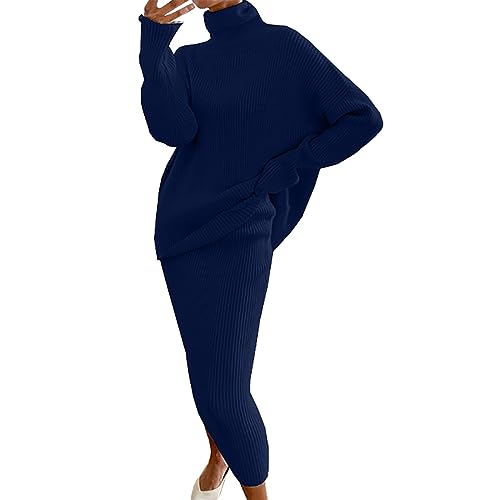 LOIJMK Strick Set Damen Zweiteiler Rock - Strickanzug Partyanzug Hochkragen Langarm Strickpullover und Rock Set Elegant Bekleidungssets Hausanzug Winter Warm Maxikleid Pulloverkleid von LOIJMK