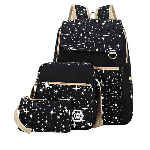 LOIJMK Studenten-Leserucksack, Gepunkteter Rucksack, Handtasche, Stifttasche, dreiteiliges Set Coole Rucksäcke Für Jugendliche Mädchen (Black, One Size) von LOIJMK