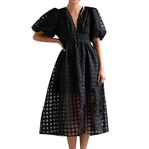 Tunika Kleid Damen Puffärmel Sommerkleid Lockere Elegante Sommerkleider Damen V-Ausschnitt Partykleid Raffung Bauchweg Cocktailkleid Elegante Kleider Damen Festlich Ballkleider von LOIJMK