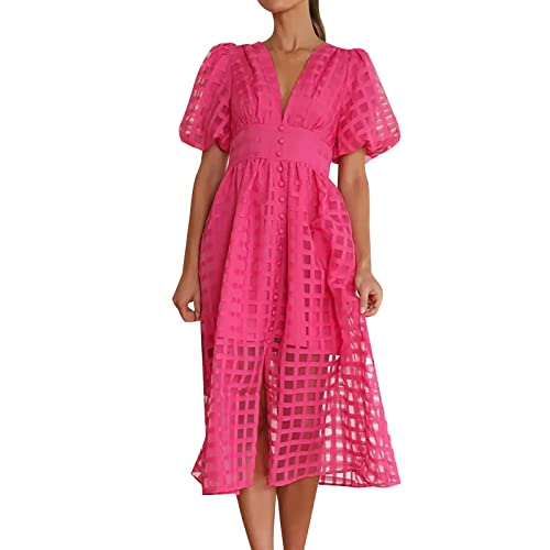 Tunika Kleid Damen Puffärmel Sommerkleid Lockere Elegante Sommerkleider Damen V-Ausschnitt Partykleid Raffung Bauchweg Cocktailkleid Elegante Kleider Damen Festlich Ballkleider von LOIJMK
