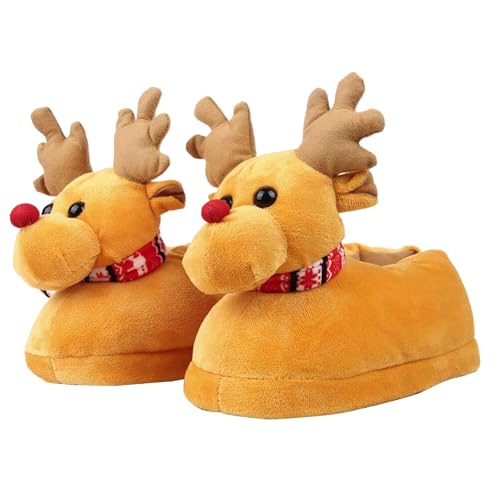 LOIJMK Warme Hausschuhe Damen Elch Weihnachten Hausschuhe Plüsch Slippers Schlappen Memory Foam Pantoletten Gefütterte Hüttenschuhe Hauspantoffeln Tiere Hausschlappen Winter Puschen Filzpantoffeln von LOIJMK
