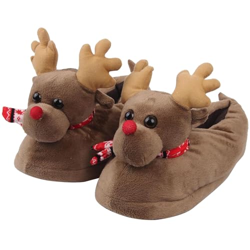 LOIJMK Warme Hausschuhe Damen Elch Weihnachten Hausschuhe Plüsch Slippers Schlappen Memory Foam Pantoletten Gefütterte Hüttenschuhe Hauspantoffeln Tiere Hausschlappen Winter Puschen Filzpantoffeln von LOIJMK