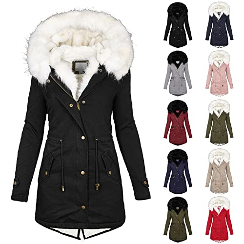 LOIJMK Wintermantel Damen Wolle Lang, Damen Mäntel Winter Trenchcoat Mode Kapuzenmantel Warm Gefüttert Winterjacke Reißverschluss Kapuzenjacke Outdoorjacke Funky Coat für Frauen Softshelljacke von LOIJMK