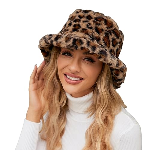 LOIJMK WintermüTzen FüR Frauen Weich Kunstpelz Flauschige Bucket Hat Winter Warme Anglerhut Damen PlüSch Eimer Hut Einfarbig/Leopardenmuster Fischerhut Faltbar Warme Elegant MüTze FüR MäDchen von LOIJMK