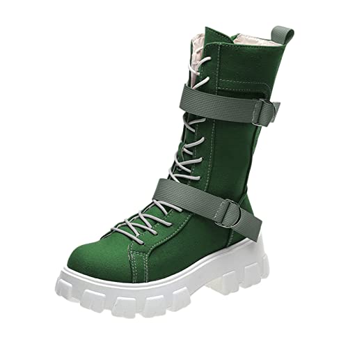 LOIJMK Winterschuhe Stiefel Lesther Oberschenkel Retro Reine Damenfarben Atmungsaktive Damenstiefel mit dicker Sohle Kinder Schuhe (Green, 42) von LOIJMK