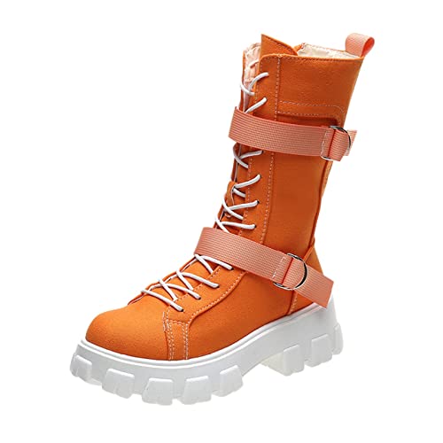 LOIJMK Winterschuhe Stiefel Lesther Oberschenkel Retro Reine Damenfarben Atmungsaktive Damenstiefel mit dicker Sohle Kinder Schuhe (Orange, 37) von LOIJMK