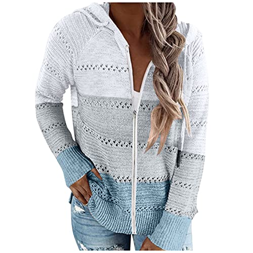 LOIJMK Wollweste Damen Schwarz Women 's Autumn and Winter Classic Retro-Block Full mit Reißverschluss Cardigan Casual fit Kapuze aus gestrickter Jacke Muster (Blue, S) von LOIJMK
