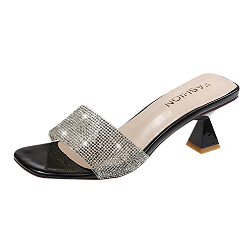 Pantoletten Damen mit Glitzer, Funky High Heel Sandaletten Damen Quadratisch High Heel Pumps Hausschuhe Peep Toe Offener Zeh Pantoffel Women Hoher Absatz Sandalen Slippers mit Strass von LOIJMK