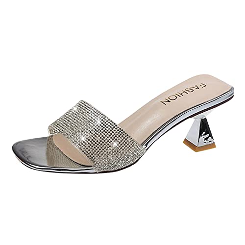 Pantoletten Damen mit Glitzer, Funky High Heel Sandaletten Damen Quadratisch High Heel Pumps Hausschuhe Peep Toe Offener Zeh Pantoffel Women Hoher Absatz Sandalen Slippers mit Strass von LOIJMK