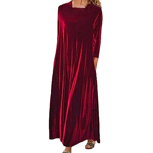 Samtkleid Damen Lang, Bequem Kostüm Samt Kleid für Damen, Freizeitkleider Damen Große Größen Langarm Kleid Damen Elegant Locker Kleider Rundhals Freizeit Kleid Damenkleider Elegant von LOIJMK