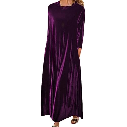 Samtkleid Damen Lang, Bequem Kostüm Samt Kleid für Damen, Freizeitkleider Damen Große Größen Langarm Kleid Damen Elegant Locker Kleider Rundhals Freizeit Kleid Damenkleider Elegant von LOIJMK