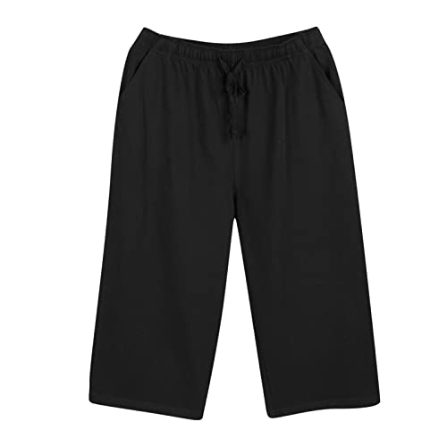 Schwarz Pyjamahose Herren Lose Bequeme Schlafanzughose MäNner GroßE GrößEn Freizeithose 3/4 Hausanzug Einfarbig Mid Rise Gerade Loose Homewear Mit Tether Und Taschen Shorts Herren Kurz von LOIJMK