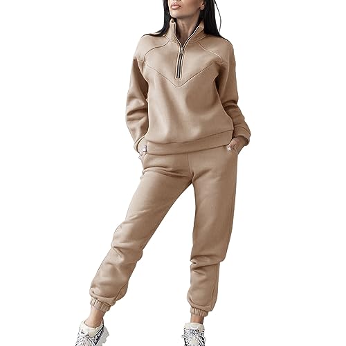 Sportanzug Damen Ohne Kapuze, Jogginganzug Trainingsanzug mit Reißverschluss Stehkragen Tracksuit Freizeitanzug Winter Sweatshirt & Jogginghose Lounge Set 2 Stück Outfits Loungewear von LOIJMK