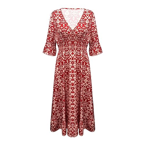 Strandkleid Damen Große Größen, Boho Kleid Damen Lang Sommer, Freizeitkleid Damen V Ausschnitt Böhmisch Kleid Swing Kleider Frauen Locker Kleider Sommerkleid 3/4 Arm Damen Hemdkleid von LOIJMK