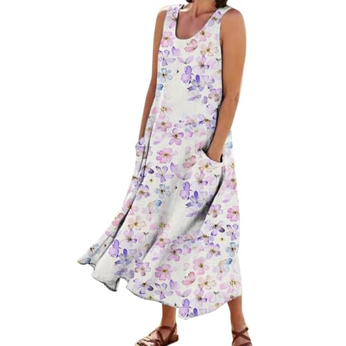 Strandkleid Damen Große Größen, Kleider für Mollige Frauen, Bedruckte Sommerkleid Damen Lang Ärmellos Swing Kleider Funky Strandkleider Frauen Freizeitkleider Damen Sommer Tank Kleid von LOIJMK