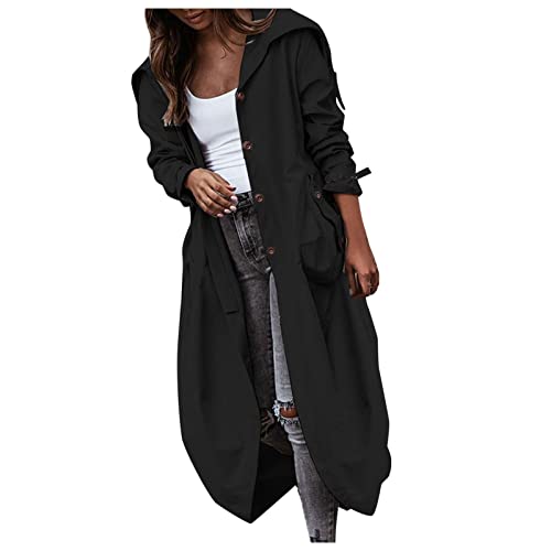 Trenchcoat Damen Lang GroßE GrößEn，Windjacke Frauen Leicht Schwarz，Lange MäNtel Baggy Mit Taschen Steampunk Jacke Mit Kapuze Herbstmantle Y2k Elegant Mode Freizeitjacke Casual von LOIJMK