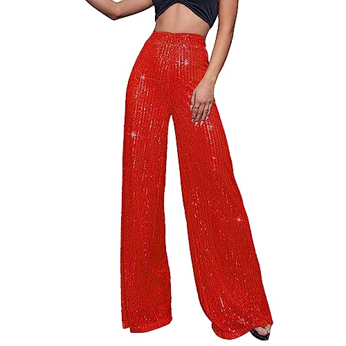 Wide Leg Hose Damen Pailletten Glitzer Funky High Waist Hose Damen Hippie Hose Glänzend Breite Hosen Sequin Slim Palazzohose Locker Freizeithose Temperament Weites Bein Pants Gerade Hosen von LOIJMK