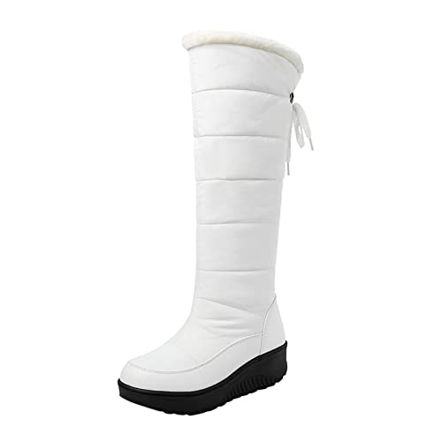 Winterschuhe Overknee Damen Stiefel Plattform Warme Schnee Stiefel Wasserdicht Daunen Baumwolle Schneestiefel Damen Halbstiefel Runde Zehe Dicker Boden Bequeme Warme Baumwolle Hausschuhe (White, 39) von LOIJMK