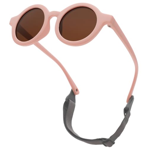 LOJUDI Baby Sonnenbrille 0-24 Monate, Polarisierte mit Riemen Verstellbar Weicher Silikonrahmen Rund Kinder UV400 Schutz Sonnenbrille Baby für 0-2 Jahre - Rosa Rahmen von LOJUDI