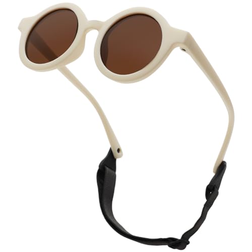 LOJUDI Baby Sonnenbrille 0-24 Monate, Polarisierte mit Riemen Verstellbar Weicher Silikonrahmen Rund Kinder UV400 Schutz Sonnenbrille Baby für 0-2 Jahre - Weiß Rahmen von LOJUDI