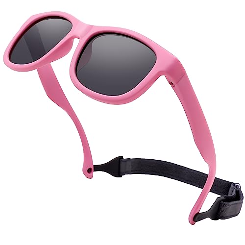 LOJUDI Baby Sonnenbrille Polarisierte Weicher Silikonrahmen Flexibler Riemen mit UV400 Schutz für Baby 0-24 Monate(Rosa/Grau) von LOJUDI