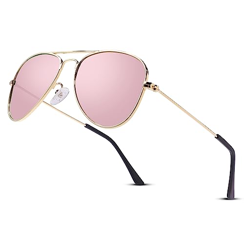 LOJUDI Kinder Pilotenbrille Sonnenbrillen Polarisierte Fliegerbrille Coole Verspiegelt mit UV400 Schutz für Jungen MäDchen Teenage 4-15 Jahre(Gold/Rosa) von LOJUDI