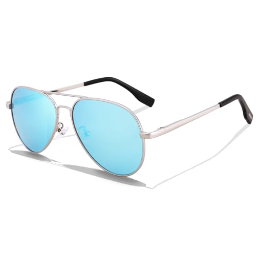 LOJUDI Pilotenbrille Kinder Sonnenbrille Polarisierte Fliegerbrille Coole Verspiegelt mit UV400 Schutz für Jungen MäDchen Teenage 8-18 Jahre-Silber/Blau von LOJUDI