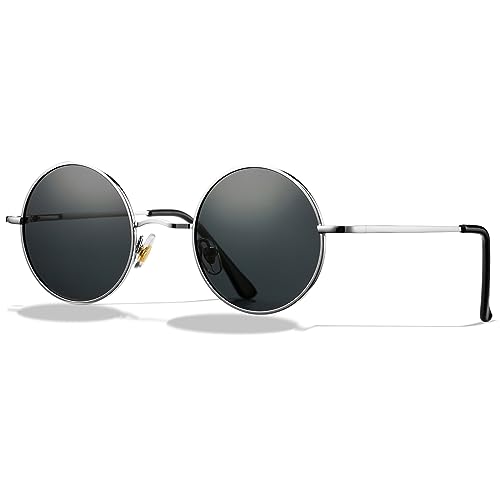 LOJUDI Polarisiert Sonnenbrille Rund Herren und Damen Retro Klein Runde GläSer Vintage Brille mit Metallrahmen UV400 Schutz (Silber/Grau Gläser) von LOJUDI