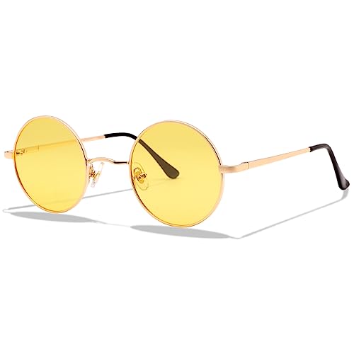 LOJUDI Polarisiert Sonnenbrille Rund Herren und Damen Retro Klein Runde Gläser Vintage Brille mit Metallrahmen UV400 Schutz (Gold/Gelb Gläser) von LOJUDI