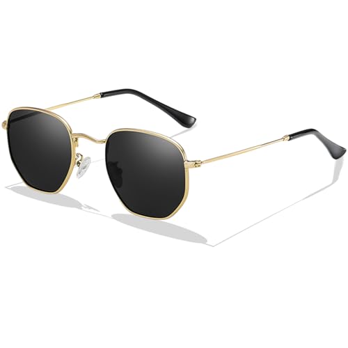 LOJUDI Polygon Sonnenbrille Damen Herren Polarisiert - Metallrahmen Eckig Retro Sonnenbrille-Gold von LOJUDI