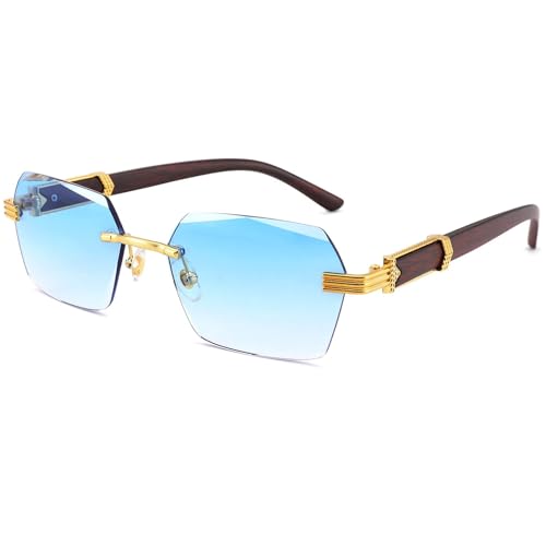 LOJUDI Randlose Sonnenbrille Herren Damen - Retro Rechteckig Rahmenlose Coole Sonnenbrillen Ohne Rahmen Vintage 90er Jahre Brille mit UV400 Schutz-Gold/Blau von LOJUDI