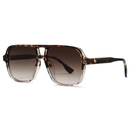 LOJUDI Retro Sonnenbrille Damen Herren - 70er Jahre Pilotenbrille Eckig Vintage Brille Groß Gläser Sunglasses Men Woman für UV400 Schutz-Leopard/Gradient Braun von LOJUDI