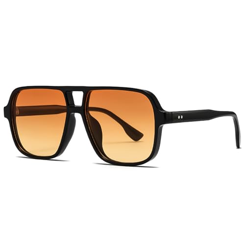 LOJUDI Retro Sonnenbrille Damen Herren - 70er Jahre Pilotenbrille Eckig Vintage Brille Groß Gläser Sunglasses Men Woman für UV400 Schutz-Schwarz/Gradient Orange Gelb von LOJUDI