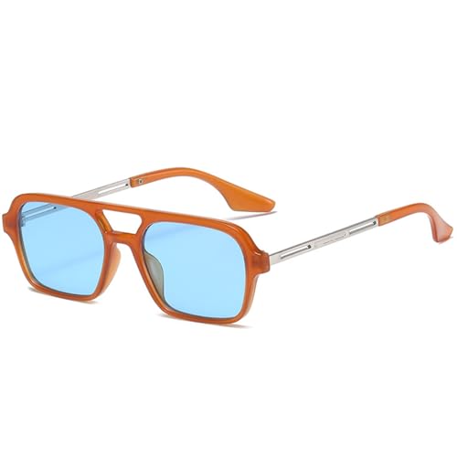 LOJUDI Retro Sonnenbrille Damen Pilotenbrille Herren Vintage Fliegerbrille Blau Gläser Piloten Rechteckig 70er Metall Design Brille UV400 Schutz-Orange/Blue von LOJUDI