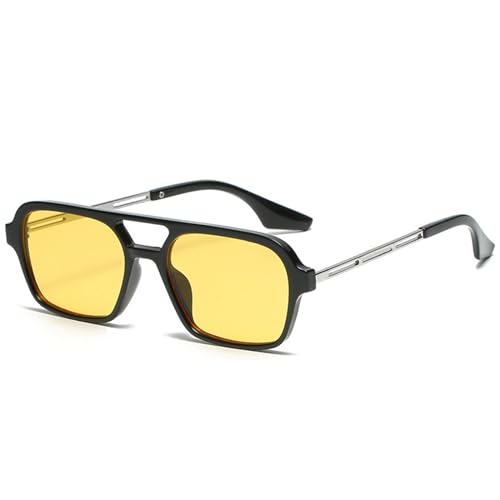 LOJUDI Retro Sonnenbrille Damen Pilotenbrille Herren Vintage Fliegerbrille Blau Gläser Piloten Rechteckig 70er Metall Design Brille UV400 Schutz-Schwarz/Gelb von LOJUDI
