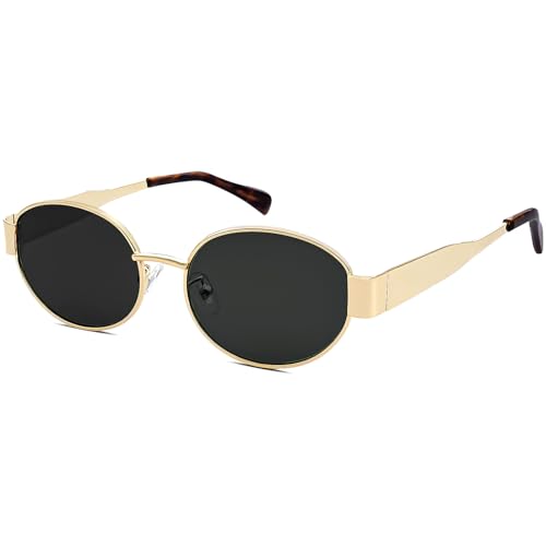LOJUDI Retro Sonnenbrille Herren Damen Oval - Metallrahmen Rund Vintage Runde Sonnenbrille UV400 Schutz-Gold/Schwarz von LOJUDI