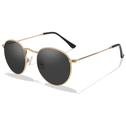 LOJUDI Retro Sonnenbrille Herren Rund Damen Polarisiert Runde GläSer UV400 Schutz Vintage Unisex Brille - Gold Rahmen/Grau Linse von LOJUDI