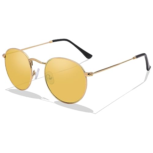 LOJUDI Retro Sonnenbrille Herren Rund Damen Polarisiert Runde GläSer UV400 Schutz Vintage Unisex Brille - Schwarz Rahmen/Gelb Linse von LOJUDI