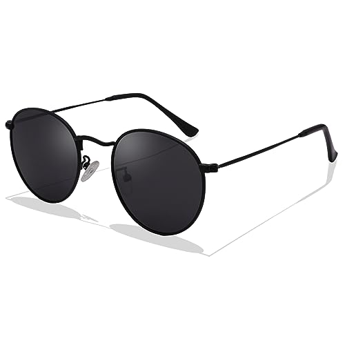 LOJUDI Retro Sonnenbrille Herren Rund Damen Polarisiert Runde GläSer UV400 Schutz Vintage Unisex Brille - Schwarz Rahmen/Grau Linse von LOJUDI